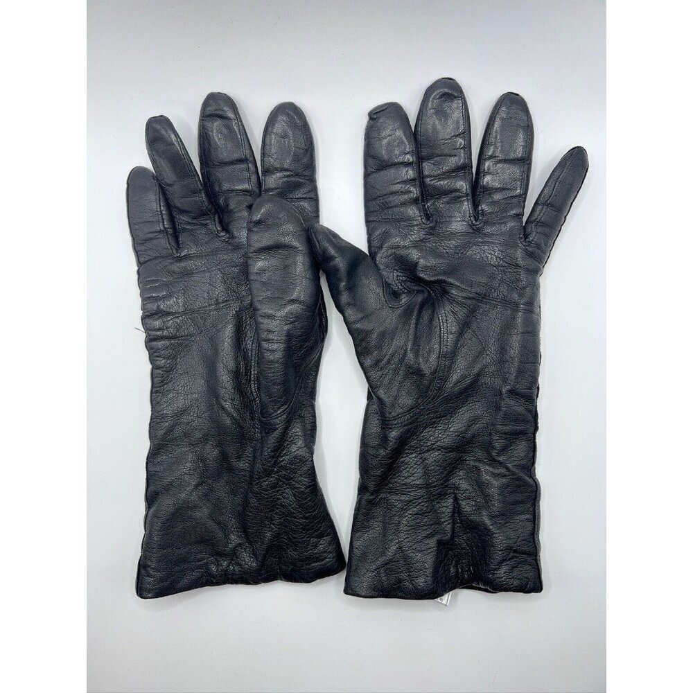 Black Vintage High Leather Gloves Cashmere Lined Size 8 - Picture 7 of 7